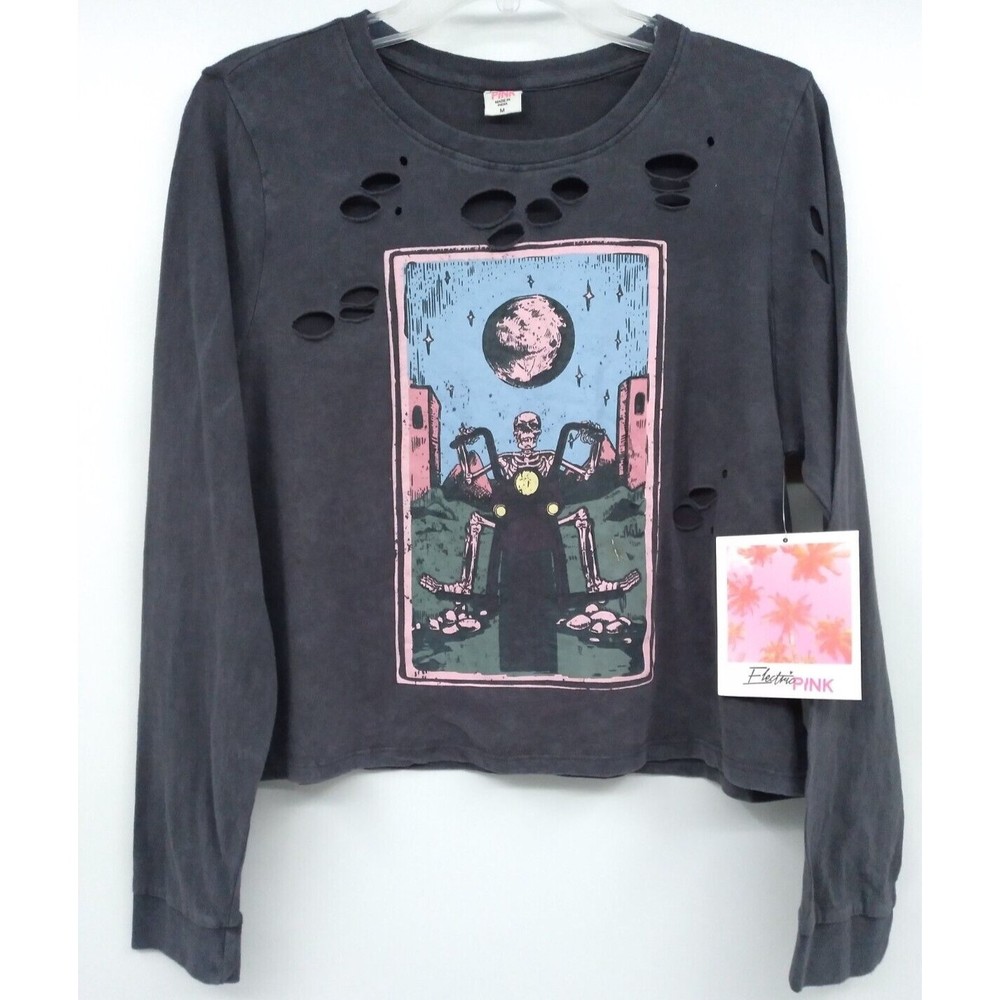 NWT Electric Pink womans long sleeve distressed t-shirt skeleton motorcycle Sz M